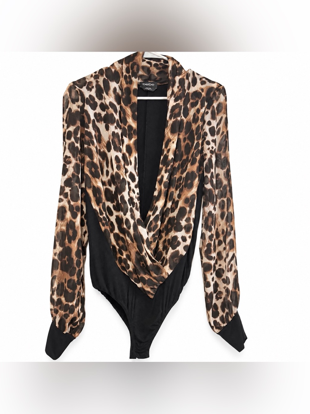 Large bebe Leopard 🐆 Print Surplice Bodysuit Long Sleeve Black Brown